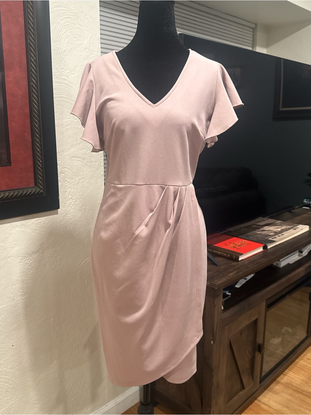 V-Neck Flutter Sleeve Midi Dress in Blush Pink